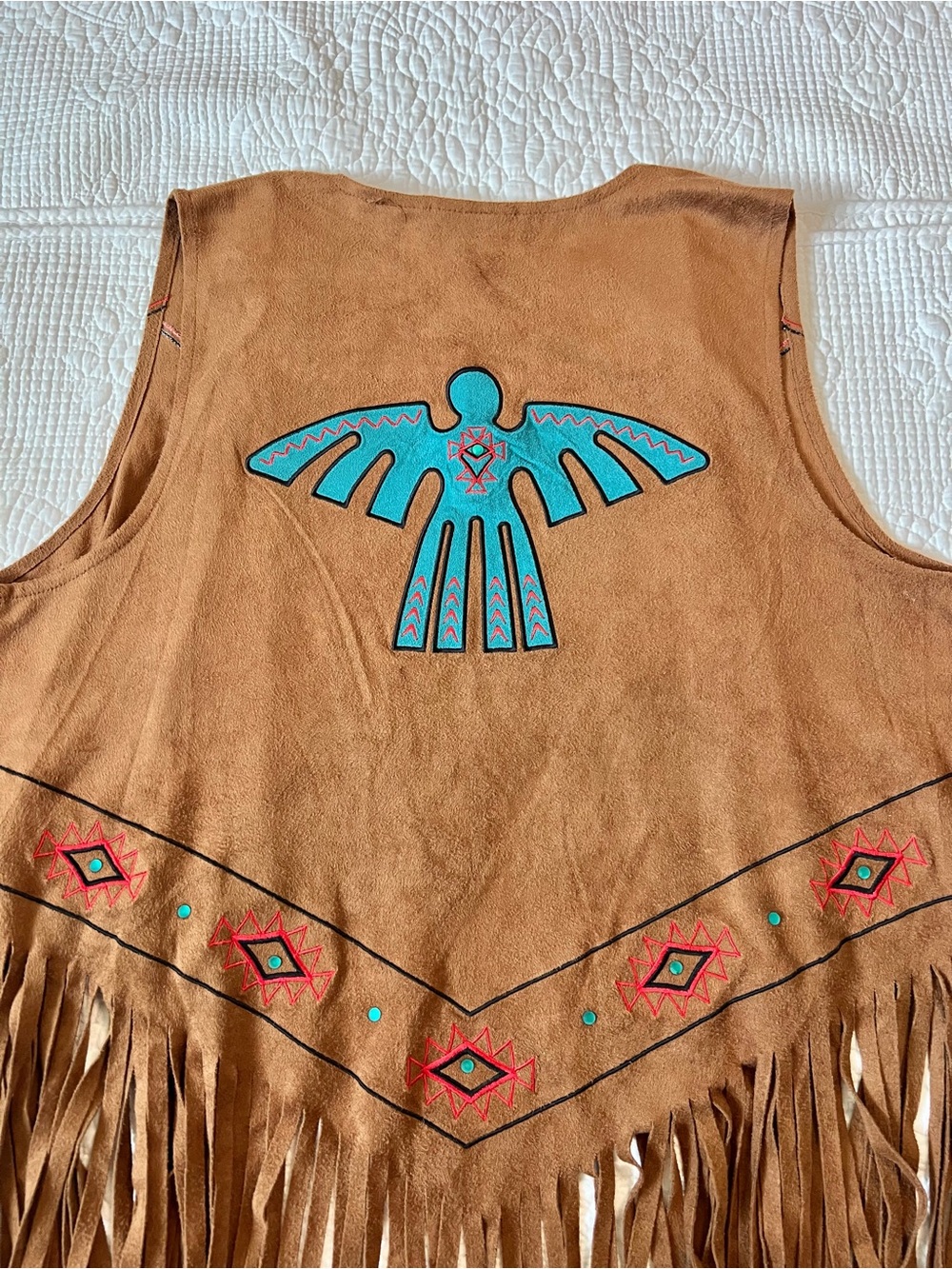 RARE Wrangler Faux-Suede Long Fringe Thunderbird Vest - Picture 8 of 10